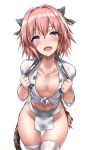  1boy :d astolfo_(fate) bangs black_bow black_ribbon blush bow braid chest collarbone eyebrows_visible_through_hair fang fate/apocrypha fate_(series) front-tie_top fundoshi hair_between_eyes hair_bow hair_intakes hair_ribbon hands_up head_tilt highres japanese_clothes long_hair long_sleeves looking_at_viewer male_focus midriff multicolored_hair navel open_mouth otoko_no_ko pink_hair ribbon rope shiny shiny_hair shirt simple_background single_braid smile solo standing stomach streaked_hair sweat tango_(tn500) thigh-highs thigh_gap towel towel_around_neck violet_eyes white_background white_hair white_legwear white_shirt 