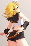  1girl absurdres arm_behind_back back belt blonde_hair blue_eyes blush bow crop_top detached_sleeves flat_chest hachinatsu hair_bow hair_ornament hairclip headphones headset highres kagamine_rin looking_at_viewer looking_back pose puckered_lips sailor_collar short_hair shorts solo upper_body v vocaloid waist 