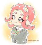1girl agent_8 blazer blush bow breasts commentary eromame grey_eyes jacket looking_at_viewer nintendo octarian octoling octoling_girl pointy_ears redhead school_uniform serafuku smile solo splatoon_(series) splatoon_2 splatoon_2:_octo_expansion tentacle_hair