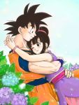  1boy 1girl ;) bare_arms bare_shoulders black_eyes black_hair blue_background blue_flower blush bracelet bubble chi-chi_(dragon_ball) chinese_clothes couple cowboy_shot dougi dragon_ball dragonball_z earrings eyelashes fingernails flower hands_on_another&#039;s_hips happy height_difference hetero hug interlocked_fingers jewelry leaf looking_at_another looking_down looking_up masa_(p-piyo) one_eye_closed plant profile purple_flower short_hair simple_background sleeveless smile son_gokuu spiky_hair tied_hair upper_body white_background wristband 
