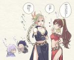  angry blonde_hair blush book bra braid breasts brown_hair chibi cyrus_(octopath_traveler) dancer h&#039;aanit_(octopath_traveler) long_hair navel oboro_keisuke octopath_traveler open_mouth primrose_azelhart simple_background smile therion_(octopath_traveler) translation_request underwear 