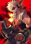  1boy absurdres bakugou_katsuki belt blonde_hair boku_no_hero_academia clenched_teeth cowboy_shot dutch_angle explosion eyebrows_visible_through_hair grin highres kinty looking_at_viewer mask off_shoulder red_background red_eyes smile solo spiky_hair standing teeth 