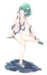  1girl adjusting_footwear bare_shoulders blush bottomless breasts cleavage collarbone covered_nipples detached_sleeves frog_hair_ornament full_body green_eyes green_footwear green_hair groin hair_ornament hair_tubes head_tilt highres invisible_chair kochiya_sanae looking_at_viewer medium_breasts no_panties non_(z-art) nontraditional_miko partially_unbuttoned shirt shoes short_hair simple_background sitting skirt skirt_removed solo touhou white_background wide_sleeves 