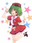  1girl blush breasts eyebrows_visible_through_hair green_hair hat high_heels large_breasts looking_at_viewer macross macross_frontier noranghan one_eye_closed open_mouth ranka_lee red_eyes red_hat red_skirt short_hair short_sleeves skirt smile solo star white_background 