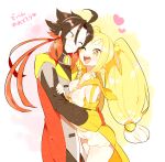  1boy 1girl ;d aegislash ahoge alternate_color azumarill bare_shoulders black_hair blonde_hair blush breasts cape cleavage cowboy_shot creatures_(company) detached_sleeves eye_contact game_freak gen_2_pokemon gen_6_pokemon gloves hair_between_eyes heart hetero hug long_hair long_sleeves looking_at_another low-tied_long_hair medium_breasts nintendo one_eye_closed open_mouth personification pokemon red_cape red_gloves red_ribbon ribbon simple_background smile spiky_hair standing twintails white_gloves yellow_eyes yuzu_ichika 