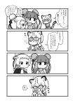  3girls :3 animal_ears backpack bactrian_camel_(kemono_friends) bag bare_shoulders belt blonde_hair blood blush brown_hair camel_ears cat_ears cat_tail collared_shirt comic double_bun dromedary_(kemono_friends) elbow_gloves eyebrows_visible_through_hair glasses gloves greyscale hair_bun hair_ribbon high-waist_skirt highres kemono_friends kotobuki_(tiny_life) long_hair margay_(kemono_friends) margay_print monochrome multiple_girls neckerchief nosebleed ribbon see-through shirt short_hair skirt sleeveless sweatdrop tail white_hair 