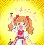  +_+ 1girl :d aisaki_emiru bangs blunt_bangs blush_stickers bow brown_hair dress drooling hair_bow heybot! heybot_(character) hugtto!_precure koyukiyasu long_hair open_mouth pink_dress precure puffy_short_sleeves puffy_sleeves red_bow screw seiyuu_connection short_sleeves smile squiggle tamura_nao translated twintails yellow_background 