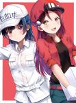  2girls bangs belt beret black_hair black_shirt blush box breasts carrying closed_mouth collared_shirt commentary cosplay gloves hair_between_eyes hair_ornament hairclip hat hataraku_saibou highres jacket long_hair love_live! love_live!_sunshine!! medium_breasts mia_(fai1510) multiple_girls name_tag open_mouth pocket red_belt red_blood_cell_(hataraku_saibou) red_blood_cell_(hataraku_saibou)_(cosplay) red_jacket redhead sakurauchi_riko shirt short_shorts shorts simple_background sleeves_folded_up smile standing teeth tsushima_yoshiko uniform violet_eyes white_belt white_blood_cell_(hataraku_saibou) white_blood_cell_(hataraku_saibou)_(cosplay) white_shirt yellow_eyes 