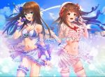  2girls :d armlet belt bikini bikini_skirt blue_sky breasts brown_eyes brown_hair cleavage clouds cowboy_shot day eyebrows_visible_through_hair floating_hair frilled_skirt frills green_eyes green_ribbon groin hair_ribbon hat highres holding holding_microphone idolmaster idolmaster_cinderella_girls kyoungi_nyang long_hair medium_breasts microphone multiple_girls navel open_mouth outdoors red_ribbon ribbon see-through shibuya_rin shimamura_uzuki shiny shiny_hair sideboob skirt sky smile standing striped striped_bikini swimsuit thigh-highs thigh_strap very_long_hair white_hat white_skirt wrist_cuffs 