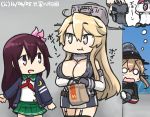  5girls bismarck_(kantai_collection) blonde_hair breasts brown_hair cleavage commentary_request dated eating elbow_gloves fingerless_gloves garter_straps gloves graf_zeppelin_(kantai_collection) hair_ornament hamu_koutarou hat headgear iowa_(kantai_collection) iron_cross kantai_collection kisaragi_(kantai_collection) large_breasts long_hair military military_hat military_uniform miniskirt multiple_girls necktie o_o peaked_cap prinz_eugen_(kantai_collection) remodel_(kantai_collection) school_uniform serafuku skirt star star-shaped_pupils symbol-shaped_pupils thigh-highs thought_bubble twintails uniform 