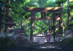  1girl blue_eyes brown_hair closed_mouth day highres niko_p original outdoors scenery smile solo standing torii translated tree 