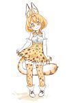 1girl :&gt; animal_ears ankle_boots arms_at_sides bare_shoulders belt blush boots bow bowtie breasts brown_ribbon cross-laced_clothes done_(donezumi) dot_nose elbow_gloves extra_ears eyebrows_visible_through_hair eyelashes full_body gloves ground hair_between_eyes high-waist_skirt kemono_friends light_brown_eyes looking_at_viewer oekaki orange_hair outdoors ribbon serval_(kemono_friends) serval_ears serval_print serval_tail shiny shiny_hair shirt shoe_ribbon short_hair simple_background skirt skirt_hold sleeveless sleeveless_shirt small_breasts smile solo standing striped_tail tail tareme thigh-highs white_background white_belt white_footwear white_shirt zettai_ryouiki 