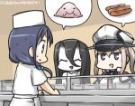  3girls alternate_costume battleship_hime black_hair blobfish blonde_hair blue_eyes blue_hair cafeteria chef_hat commentary_request dated flat_top_chef_hat food gloves graf_zeppelin_(kantai_collection) green_eyes hair_between_eyes hamu_koutarou hat kantai_collection long_hair low_twintails multiple_girls oni_horns peaked_cap sausage shinkaisei-kan sidelocks spoken_food suzukaze_(kantai_collection) sweat twintails 