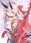  100 1girl absurdres armor bow_(weapon) breasts fate/grand_order fate_(series) grey_hair hair_ribbon headband highres holding holding_bow_(weapon) holding_weapon horns japanese_armor kusazuri large_breasts long_hair looking_at_viewer red_eyes red_ribbon ribbon sheath sideboob slit_pupils smile solo tomoe_gozen_(fate/grand_order) very_long_hair weapon 