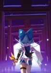  1girl absurdres alternate_costume bag blue_bow blue_hair bow cirno commentary hair_bow highres ice ice_wings lbcirno9 medium_hair multiple_torii scarf shorts solo thigh_strap torii touhou touhou_hero_of_ice_fairy twitter_username white_scarf wings 