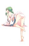  1girl ass bare_legs bare_shoulders barefoot bent_over blush breasts breath detached_sleeves erect_nipples frog_hair_ornament from_behind full_body green_eyes green_hair hair_ornament highres kochiya_sanae large_breasts leaning_forward long_hair looking_at_viewer looking_back non_(z-art) panties sideboob simple_background snake_hair_ornament solo standing standing_on_one_leg sweatdrop touhou underwear white_background white_panties wide_sleeves 