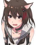  1girl alternate_costume animal_ears bare_shoulders black_choker blush brown_eyes brown_hair cat_ears choker detached_sleeves enmaided fang grey_sailor_collar hair_between_eyes hair_ornament kantai_collection kemonomimi_mode looking_at_viewer maid open_mouth padlocked_collar rinto_(rint_rnt) sailor_collar sendai_(kantai_collection) short_hair simple_background solo tassel two_side_up upper_body white_background 
