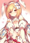  1girl animal_ears bangs blonde_hair blush breasts brown_eyes cape cleavage djeeta_(granblue_fantasy) flower granblue_fantasy hair_flower hair_ornament hairband heart highres homaderi leotard looking_at_viewer medium_breasts open_mouth parted_lips rabbit_ears red_ribbon ribbon sage_(granblue_fantasy) short_hair solo thigh-highs white_leotard wrist_cuffs 