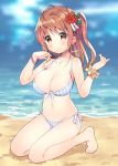  1girl ahoge bare_legs bare_shoulders barefoot beach bikini blurry blurry_background blush breasts brown_eyes brown_hair cleavage closed_mouth collarbone commentary_request depth_of_field fang fang_out flower front-tie_bikini front-tie_top groin hair_flower hair_ornament halter_top halterneck hands_up head_tilt kneeling large_breasts long_hair looking_at_viewer meito_(maze) navel ocean one_side_up original red_flower sand side-tie_bikini smile solo striped swimsuit toenails vertical-striped_bikini vertical_stripes water 