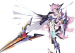  1girl blue_eyes bodysuit breasts cleavage commentary_request hair_ornament headgear highres large_breasts long_hair maria_cadenzavna_eve mochi_hanpen navel navel_cutout pink_hair polearm senki_zesshou_symphogear shield solo spear symphogear_pendant thigh-highs very_long_hair weapon white_background 