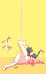  1girl barefoot black_hair blouse blush breasts fallen_down highres houraisan_kaguya long_hair lying medium_breasts midriff navel non_(z-art) on_stomach orange_background panties pole_dancing simple_background skirt solo stripper_pole touhou two-tone_background underwear white_panties yellow_background 