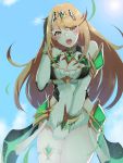  1girl :o bangs bare_shoulders blonde_hair blush breasts brown_eyes cleavage cleavage_cutout commentary_request covering covering_crotch cowboy_shot dress dress_tug earrings elbow_gloves embarrassed eyebrows_visible_through_hair faulds gloves hand_on_own_head hand_up headpiece highres mythra_(xenoblade) jewelry johnny_funamushi light_particles long_hair looking_at_viewer open_mouth shiny shiny_hair short_dress shoulder_armor sleeveless sleeveless_dress solo straight_hair sweatdrop swept_bangs thigh_gap thigh_strap thighs underbust very_long_hair white_dress white_gloves wrist_guards xenoblade_(series) xenoblade_2 