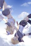  1boy 1girl bangs bare_shoulders bass_clef black_collar black_shorts blonde_hair blue_eyes blue_sky bow clouds collar commentary crop_top detached_sleeves falling grey_collar grey_shorts hair_bow hair_ornament hairclip headphones headset highres hmniao kagamine_len kagamine_rin leg_warmers looking_at_another nail_polish neckerchief necktie outstretched_arm sailor_collar school_uniform shirt short_hair short_ponytail short_shorts short_sleeves shorts sidelighting sky star_(sky) swept_bangs upside-down vocaloid white_bow white_shirt yellow_nails yellow_neckwear 
