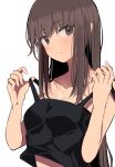  1girl bangs bare_arms bare_shoulders black_camisole blush breasts brown_eyes brown_hair camisole collarbone eyebrows_visible_through_hair hair_between_eyes head_tilt hinomaru_(futagun) long_hair looking_at_viewer medium_breasts original parted_lips pulled_by_self simple_background solo strap_pull upper_body very_long_hair white_background 