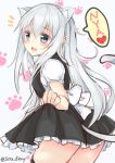  1girl alternate_costume animal_ears blue_eyes blush cat_ears cat_tail dress eyebrows_visible_through_hair fake_animal_ears fake_tail hair_between_eyes heart hibiki_(kantai_collection) kantai_collection long_dress looking_at_viewer open_mouth silver_hair solo sou_(soutennkouchi) tail 
