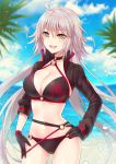  1girl :d ahoge bangs beach bikini black_bikini black_choker black_gloves black_jacket blue_sky blurry blurry_background breasts brown_eyes choker cleavage clouds cloudy_sky collarbone commentary_request day depth_of_field eyebrows_visible_through_hair fate/grand_order fate_(series) gloves hair_between_eyes hand_on_hip horizon jacket jeanne_d&#039;arc_(alter_swimsuit_berserker) jeanne_d&#039;arc_(fate)_(all) large_breasts long_hair long_sleeves looking_at_viewer navel o-ring o-ring_bikini o-ring_bottom o-ring_top ocean open_mouth outdoors sand sato_ame silver_hair sky smile solo standing swimsuit very_long_hair water 