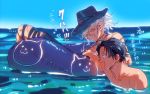  2boys black_hair blue_sky edmond_dantes_(fate/grand_order) fate/grand_order fate_(series) fujimaru_ritsuka_(male) glasses hat highres innertube looking_at_another male_focus monte_cristo_selection multiple_boys silver_hair sky swimming zero-souma 