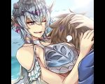  1boy 1girl :d beach between_breasts bird blue_hair blurry blurry_background breasts brown_hair commentary_request day eyebrows_visible_through_hair gran_(granblue_fantasy) granblue_fantasy hair_between_eyes head_between_breasts headpiece hug huge_breasts macula_marius maid_bikini one_eye_closed open_mouth outdoors pillarboxed sanmotogoroo smile violet_eyes 