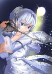  1girl absurdres ashiomi_masato blue_eyes breasts cleavage closed_mouth collarbone crossed_arms debris dress eyebrows_visible_through_hair fighting_stance highres holding holding_sword holding_weapon left-handed long_hair long_sleeves looking_at_viewer ponytail rapier rwby scar scar_across_eye signature sword weapon weiss_schnee white_dress 