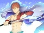  1boy abs brown_hair emiya_shirou eyebrows_visible_through_hair fate/grand_order fate_(series) grey_cape hair_between_eyes holding holding_sword holding_weapon katana limited/zero_over male_focus solo spiky_hair sword upper_body waku_(ayamix) weapon yellow_eyes 