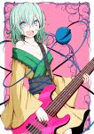  1girl :d adapted_costume aqua_hair bangs bare_shoulders bass_guitar blue_eyes breasts cleavage collarbone eyebrows_visible_through_hair floral_print frills fuoco guitar hair_between_eyes highres holding holding_instrument instrument japanese_clothes kimono komeiji_koishi long_sleeves looking_at_viewer medium_hair music obi off_shoulder open_mouth playing_instrument rose_print sash smile solo third_eye touhou wide_sleeves yellow_kimono 