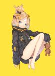  1girl abigail_williams_(fate/grand_order) alternate_hairstyle bandaid_on_forehead bangs belt black_bow black_jacket blonde_hair blue_eyes bow fate/grand_order fate_(series) feet forehead hair_bow hair_bun heroic_spirit_traveling_outfit high_collar highres holding holding_stuffed_animal jacket kikistark knees_up legs long_hair looking_at_viewer orange_bow parted_bangs polka_dot polka_dot_bow simple_background sleeves_past_fingers sleeves_past_wrists solo stuffed_animal stuffed_toy teddy_bear thighs yellow_background 