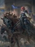  1girl armor armored_boots boots cape copyright_name faceless faceless_male flag gloves hair_ornament helmet horse horseback_riding legend_of_the_cryptids livia_prima official_art pink_eyes pink_hair riding solo 