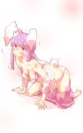  1girl all_fours animal_ears barefoot blush bra breasts breath bunny_tail cleavage collared_shirt heavy_breathing highres long_hair looking_at_viewer medium_breasts miniskirt non_(z-art) open_mouth panties partially_undressed pink_background purple_hair rabbit_ears red_eyes reisen_udongein_inaba shirt simple_background skirt skirt_removed solo strap_slip sweat tail touhou trembling two-tone_background underwear white_background white_bra white_panties 