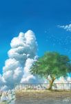  absurdres aki_(aki_k6) bird blue_sky city clouds cloudy_sky commentary_request day flock highres no_humans original outdoors railing scenery signature sky summer tree wind_chime 