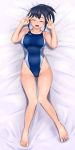  1girl :d ass_visible_through_thighs barefoot bed_sheet black_hair blue_swimsuit blush breasts closed_eyes collarbone competition_swimsuit dakimakura double_v facing_viewer hands_up high_ponytail highleg highleg_swimsuit highres lying medium_breasts ocha_(greentea-time) on_back one-piece_swimsuit open_mouth original ponytail shiny shiny_skin sidelocks smile solo swimsuit v 