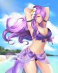  1girl arms_up beach bikini blue_sky breasts camilla_(fire_emblem_if) cleavage clouds day fire_emblem fire_emblem_heroes fire_emblem_if flower hair_flower hair_ornament hair_over_one_eye highres long_hair navel parted_lips purple_hair sarong see-through sky solo standing stefmarii swimsuit twitter_username violet_eyes water white_flower 
