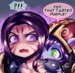  2girls :p ?!! animal_ears blue_skin english facial_mark green_eyes hand_on_another&#039;s_shoulder hat kai&#039;sa league_of_legends licking lulu_(league_of_legends) multiple_girls open_mouth phantom_ix_row purple_hair scared speech_bubble sweatdrop tears text_focus tongue tongue_out trembling violet_eyes wavy_mouth witch_hat yordle 