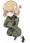  1girl bangs black_footwear black_gloves blonde_hair blue_eyes boots closed_mouth commentary_request cosmic_(crownclowncosmic) crossed_arms emblem eyebrows_visible_through_hair frown full_body girls_und_panzer gloves green_jumpsuit highres katyusha long_sleeves looking_at_viewer pravda_(emblem) pravda_military_uniform short_hair short_jumpsuit simple_background solo standing v-shaped_eyebrows white_background 