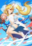  1girl ahoge azur_lane bangs bare_shoulders blonde_hair blue_flower blue_sky blush bouquet commentary_request day dress elbow_gloves eldridge_(azur_lane) electricity eyebrows_visible_through_hair facial_mark flower gloves hair_flower hair_ornament heart highres holding holding_bouquet horizon leg_garter leg_ribbon long_hair midair navel navel_cutout nima_(niru54) ocean outdoors outstretched_arm petals pink_flower pink_rose red_eyes ribbon rose see-through shoes sky sleeveless sleeveless_dress solo tail twintails very_long_hair water white_dress white_flower white_footwear white_gloves white_ribbon white_rose 