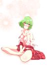  1girl bare_legs bare_shoulders barefoot between_legs blush bra breasts cleavage collarbone collared_shirt floral_background green_hair hand_between_legs hands_together highres indian_style kazami_yuuka legs_crossed looking_away medium_breasts non_(z-art) partially_undressed plaid plaid_skirt plaid_vest red_eyes shirt short_hair sitting skirt solo touhou triangle_mouth underwear vest white_bra 