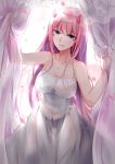  :d absurdres artist_request bangs bare_shoulders blue_eyes breasts cleavage collarbone curtains darling_in_the_franxx dress eyebrows_visible_through_hair highres long_hair looking_at_viewer medium_breasts oni_horns open_mouth petals pink_hair red_horns smile very_long_hair white_dress zero_two_(darling_in_the_franxx) 