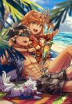  1boy 1girl abs beach_towel black_hair blue_eyes camouflage creature fate/grand_order fate_(series) fou_(fate/grand_order) fujimaru_ritsuka_(female) fujimaru_ritsuka_(male) hawaiian_shirt highres jewelry looking_at_viewer mento necklace ocean open_clothes open_shirt orange_hair palm_tree shirt shore shorts smile sunglasses tan tied_shirt towel tree tropical_summer v yellow_eyes 