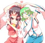  2girls black_hair blue_eyes blush bow brown_eyes collarbone detached_sleeves frog_hair_ornament green_hair hair_bow hair_ornament hair_tubes hakurei_reimu heart heart_arms looking_at_another looking_away midriff multiple_girls non_(z-art) open_mouth red_ribbon ribbon ribbon-trimmed_sleeves ribbon_trim snake_hair_ornament touhou upper_body white_background wide_sleeves 