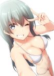  1girl arm_up bangs bare_arms bare_shoulders bikini breasts cleavage collarbone commentary_request eyebrows_visible_through_hair fingernails green_eyes green_hair grin hair_between_eyes head_tilt kantai_collection large_breasts long_hair looking_at_viewer nagami_yuu navel outstretched_arm reaching_out self_shot simple_background smile solo standing suzuya_(kantai_collection) swimsuit v very_long_hair white_background white_bikini 