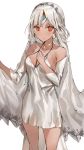  1girl altera_(fate) alternate_costume bare_shoulders blush breasts cleavage closed_mouth collarbone detached_sleeves dress eyebrows_visible_through_hair fate/extella fate/extra fate/grand_order fate_(series) feet_out_of_frame full_body_tattoo hand_on_own_chest headdress highres jewelry legs looking_at_viewer necklace red_eyes short_hair silver_dress simple_background solo standing tagme tan tattoo thighs veil white_background white_hair yuuko_(030_yuko) 